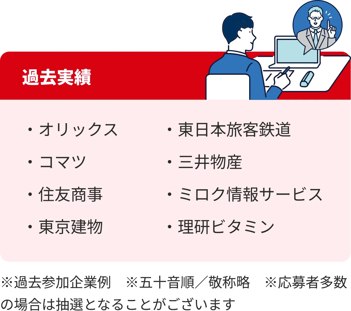 [過去実績] ・オリックス・コマツ・住友商事・東京建物・東日本旅客鉄道・三井物産・ミロク情報サービス・理研ビタミン　※過去参加企業例　※五十音順／敬称略　※応募者多数の場合は抽選となることがございます